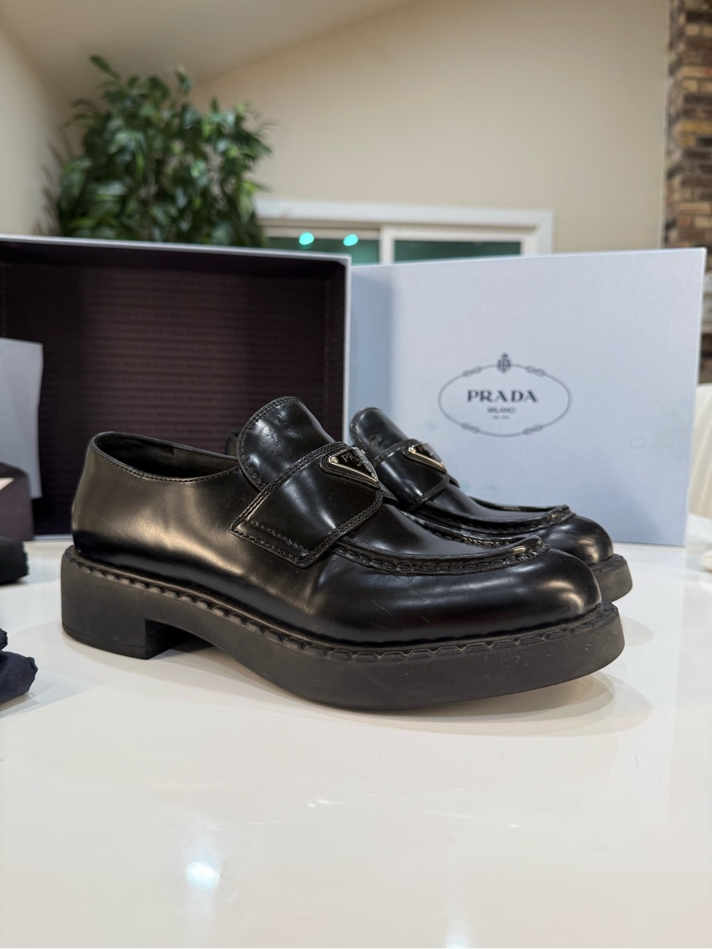 Prada Black Brushed Leather Platform Loafers Triangle Logo